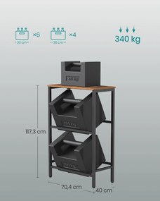 2 szintes, 4 rekeszes acél ital tároló állvány, vintage barna és fekete