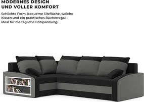 Grande sarokkanapé polcokkal , polc a bal karfaban, baloldali, szövet anyag, hab töltet, fekete - szürke