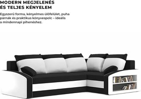 Grande sarokkanapé polcokkal , polc a jobb karfaban, jobboldali, szövet anyag, bonell töltet, fekete - fehér
