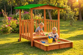 SUNNY verandás homokozó, 130x130x143cm, barna/zöld Jurhan