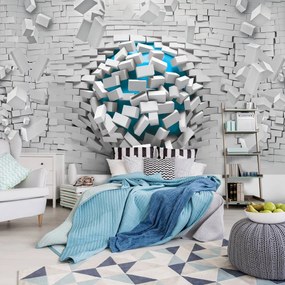 Fotótapéta - 3D kék golyó és fehér téglafal (152,5x104 cm)