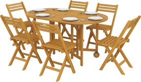 Outsunny 7 részes FSC akác kerti étkezőgarnitúra — kihúzható asztal és 6 összecsukható szék, időjárásálló, natúr kivitel, ernyőlyukkal | Aosom