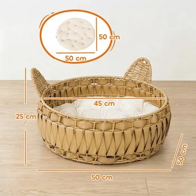 PawHut Rattan macskafekhely, macskabarlang levehető párnával, macskakosár 10 kg-ig, világosbarna