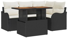 5 Részes Kertbútorszett Párnákkal Fekete Poli Rattan Akáciából, 2 Üléses Kertbútorszett Párnákkal Fekete Poli Rattan