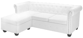 L-alakú fehér műbőr Chesterfield kanapé