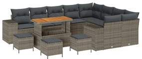 12 részes kerti kanapékészlet párnákkal, szürke poli rattan akáccal, 3 részes kerti étkező készlet párnákkal, szürke poli rattan akáccal