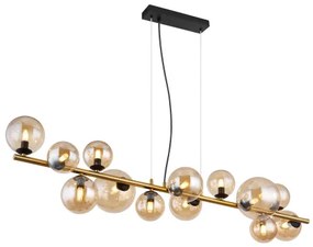 Globo 56135-13H Függeszték fém matt fekete, fém matt sárgaréz, üveg borostyán, kábel PVC átlátszó, HxSzxM: 1200x345x1200mm, üveg átmérő: 6x10cm, 5x12cm, 2x15 cm, benne 13x G9 LED 3.5W 230V, 350lm forrás, 290lm kimenet, 3000K,