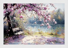 Poszter Keret Fa Tájkép Park Folyó Fa Virágok Magnólia 60x40