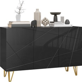 HOMCOM Oldal szekrény nappaliba, Előszobai Oldal szekrény 3 Ajtóval és Állítható Polcokkal, Tároló Szekrény Konyhába 120x40x75 cm Fekete Magas Fény |