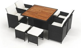 Kerti rattan szett, akácfa, fekete/krémszínű/természetes, MELFORD