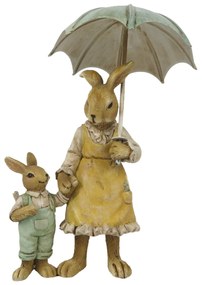 Húsvéti dekoráció, nyuszimama kezében esernyővel és kisnyuszi, műgyanta figura, 9x4x13cm
