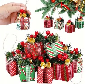 Karácsonyfa medálok díszek Ajándékok ágak csengettyűk aranyos szett 12db-os