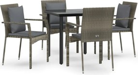 vidaXL 5 részes fekete és szürke polyrattan kerti étkezőszett párnával