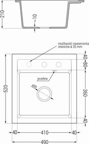 Mexen Vito 1-medencés gránit mosogató 520 x 490 mm, fehér, arany szifon - 6503521000-20-G