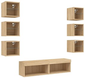 8 darab füstös tölgy színű szerelt fa TV-bútor LED-del