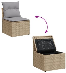 10 Darabos Kerti Kanapé Szett Párnákkal Bézs Poly Rattan Akác, 2-Személyes Kerti Kanapé Tárolóval és Párnákkal Bézs Poly Rattan