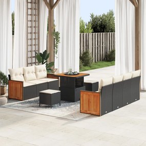 10 darabos Kerti Sofa Szett Párnákkal Fekete Poli Rattan Akáciából