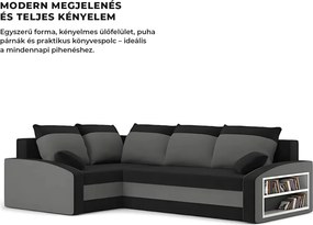 Grande sarokkanapé polcokkal , polc a jobb karfaban, baloldali, szövet anyag, hab töltet, fekete - szürke