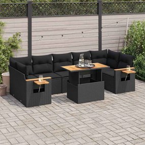 8 részes fekete polyrattan akácfa kerti ülőgarnitúra párnákkal