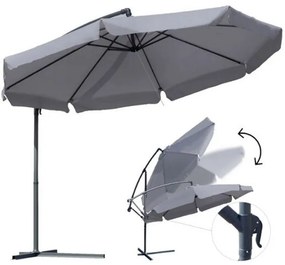 Függő Gémes Kitekerhető Napernyő Talppal, 3,5 m, szürke, takaróponyvával, 8 db acél merevítőbordával, 180 g/m2