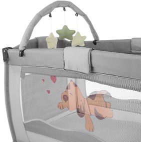 Utazóágy pelenkázó lappal és játékhíddal, szürke