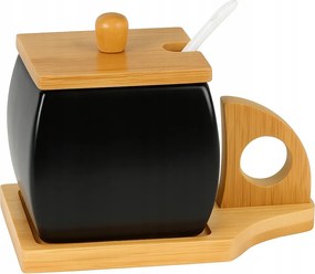 Cukortartó Moderno tárolódoboz bambusz fedéllel és kanállal, fekete