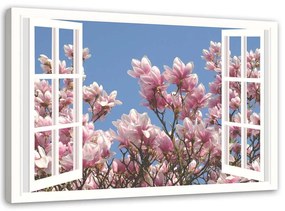 Gario Vászonkép Virágzó magnólia az ablak elott Méret: 60 x 40 cm