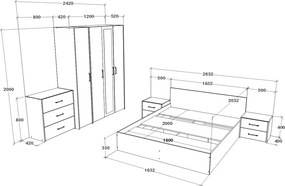 Malmo V8 hálószoba szett 160 x 200 cm-es ággyal, Fehér tölgy / Antracit