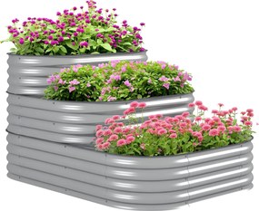 Outsunny Fém Magaságyás, 3-Szintes Ültetődoboz, DIY Ültetődoboz, Fűszernövényágy Biztonsági Szélekkel, Zöldséges Ágy Kerthez, Erkélyhez, Ezüst, 158 x