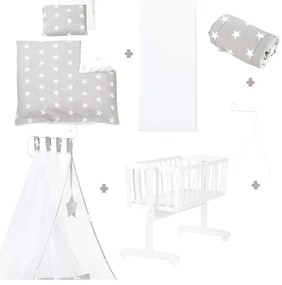 Fehér gurulós bölcső baldachinnal 40x90 cm Little stars – Roba