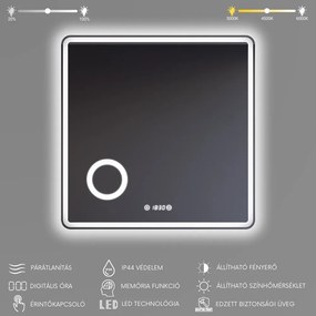 Fürdőszobai LED tükör 80x80cm | Páramentesítő - Kozmetikai tükör - Fényerő + színhőfok állítás - Digitális óra | Welland Luxury-Line G795