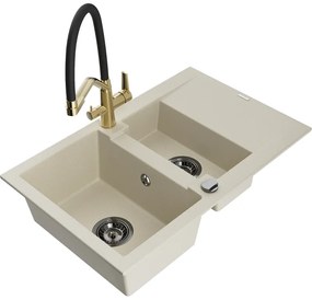 Mexen Gaspar gránit mosogató 1,5 rekeszes lefolyóval és konyhai csapteleppel Duo, bézs - 6507-69-671701-57-B