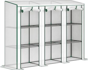 Outsunny 3 polcos PVC kerti mini üvegház acélvázzal, 2 felhajtós cipzáras ajtó — 215 x 46 x 151 cm, fehér | Aosom