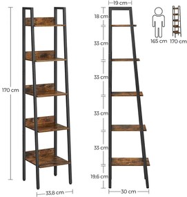 Létrapolc, 5 szintes könyvespolc, rusztikus barna és fekete
