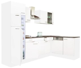 Yorki 280 sarok konyhablokk fehér korpusz,selyemfényű fehér fronttal felülfagyasztós hűtős szekrénnyel