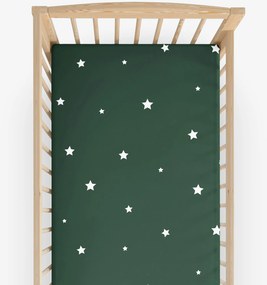 Goldea karácsonyi gyermek gumis pamut lepedő kiságyba - csillagok sötétzöldön 60 x 120 cm