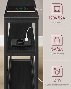 Keskeny oldal asztal töltő funkcióval 3 polcos, 18 x 45 x 58 cm tinta fekete