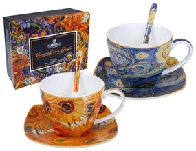 Porcelán csésze szett kanállal díszdobozban Van Gogh Napraforgók és Csillagos Éj