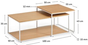 Világos natúr színű dohányzóasztal szett tölgyfa dekoros asztallappal 2 db-os 50x100 cm Yoana – Kave Home
