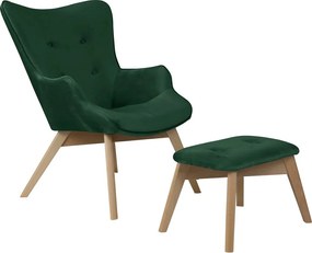 Sötétzöld bársony fotel lábtartóval Niko – Ropez