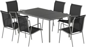 Outsunny 7 részes kültéri étkezőgarnitúra – edzett üveg asztal és 6 egymásra rakható, szellőző szék, időjárásálló porszórt váz | Aosom