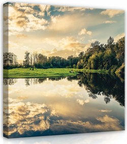 Vászonkép 80x80 Tó tükröződés naplemente felhők fák nyugalom természet
