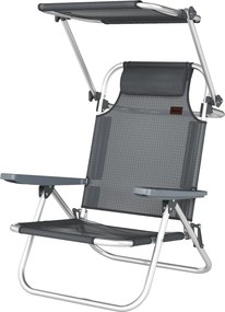 Outsunny összecsukható napozóágy fej- és nyaktámasszal, állítható napellenzővel, 6 fokozatú háttámla, kemping-/kerti szék, 120 kg teherbírás – sötétsz