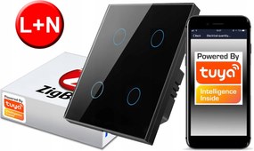 Érintőkapcsoló ZigBee Tuya 4körös fekete# L+n