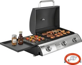 Outsunny 7,5 kW hordozható asztali gázgrill – 3 égő, sütőlappal, oldalsó polccal és hőmérővel – Aosom