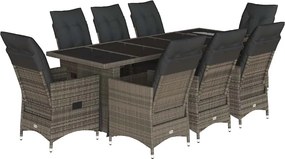 vidaXL 9 részes szürke polyrattan kerti bisztrógarnitúra párnákkal