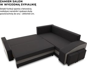 Grande sarokkanapé polcokkal és puffokkal , polc a bal karfaban puffok a jobb karfaban, jobboldali, szövet anyag, bonell töltet, fekete - szürke