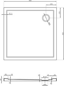 Mexen Flow négyzet alakú zuhanytálca slim 85 x 85 cm, fekete matt - 46S708585