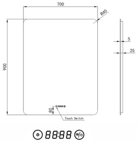 Álló fürdőszobai LED tükör 70x90cm | Páramentesítő funkció - Beépített óra - Fényerő és színhőmérséklet szabályozás | Welland Luxury-Line G1095