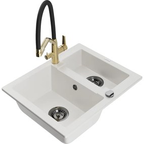 Mexen Carlos 1,5-medencés gránit mosogató Duo konyhai csapteleppel, fehér - 6518-20-671701-57-B